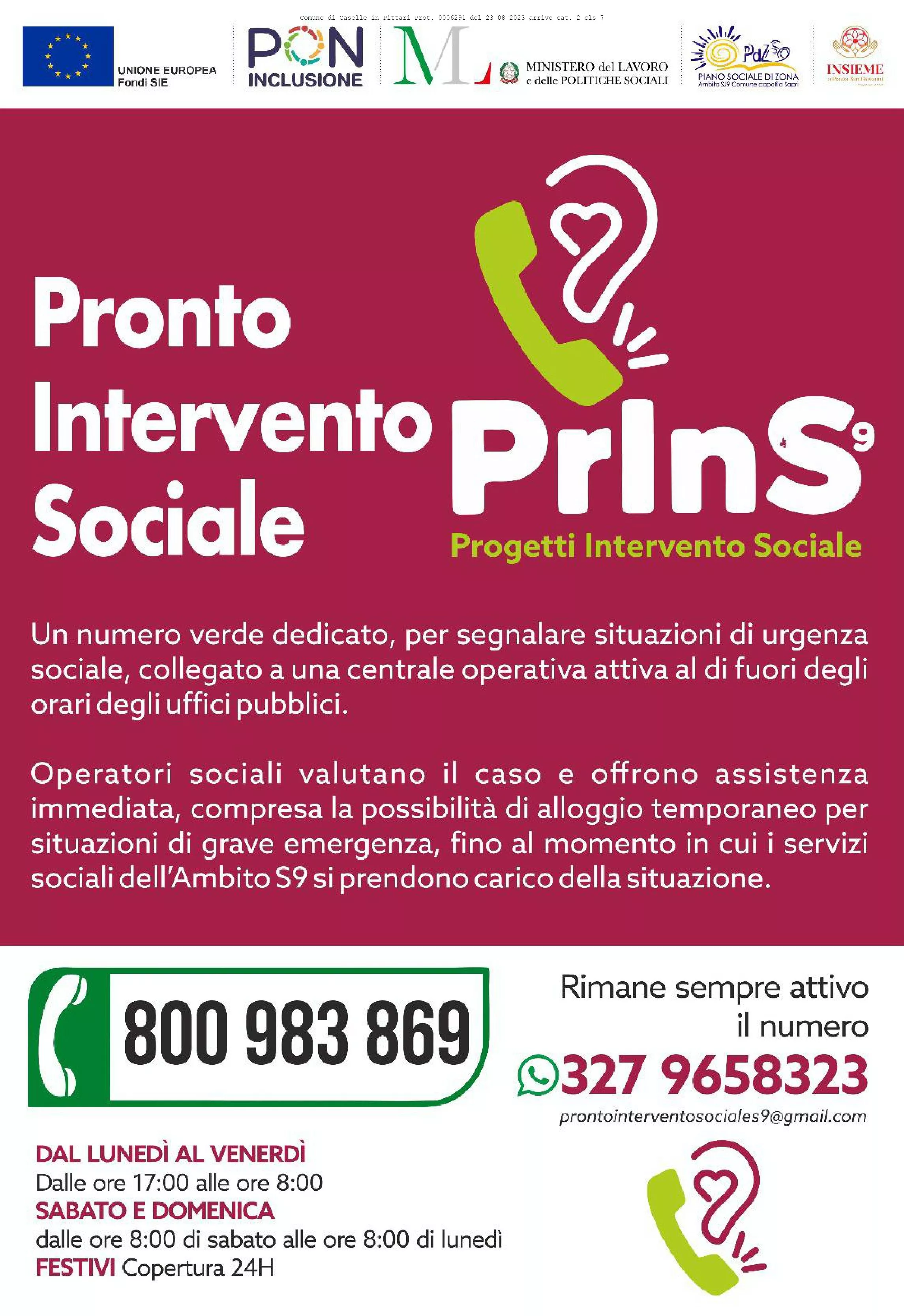 Piano sociale di zona s/9: pronto intervento sociale - pris - nuovi contatti